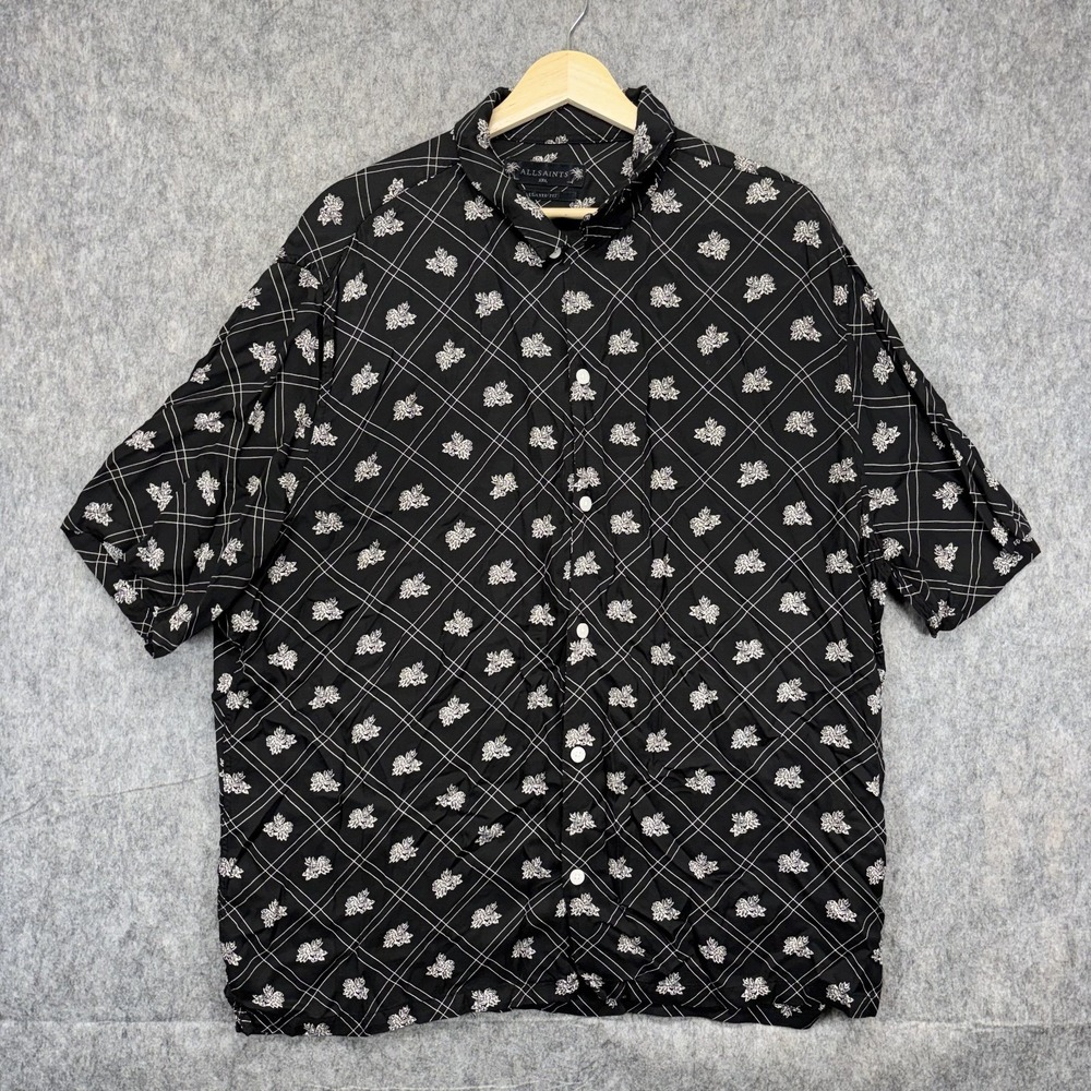 Allsaints Rose Check Shirt Men's XXL Relaxed Fit Black Short Sleeve Viscose